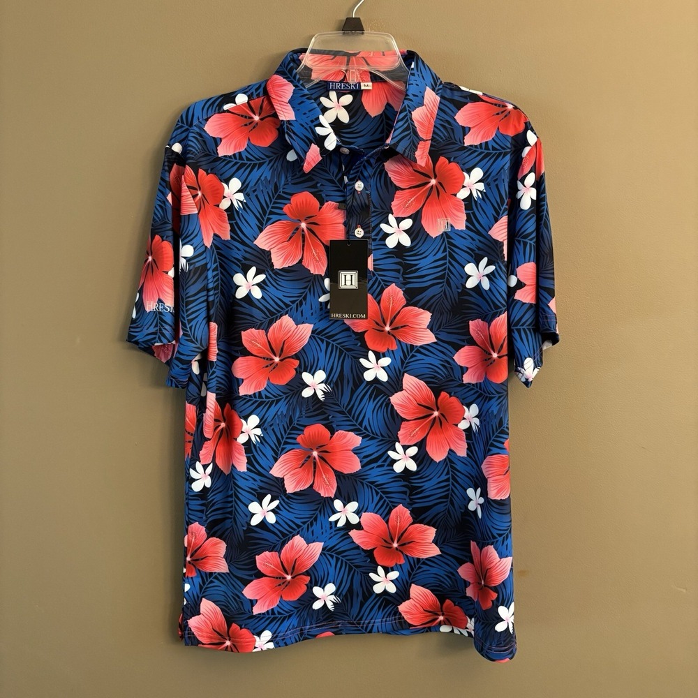 HRESKI Performance Golf Polo Shirt Medium Tropical Flowers Hawaiian Vacation‎